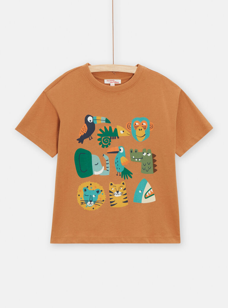 T-shirt marron clair avec animation animaux pour garçon