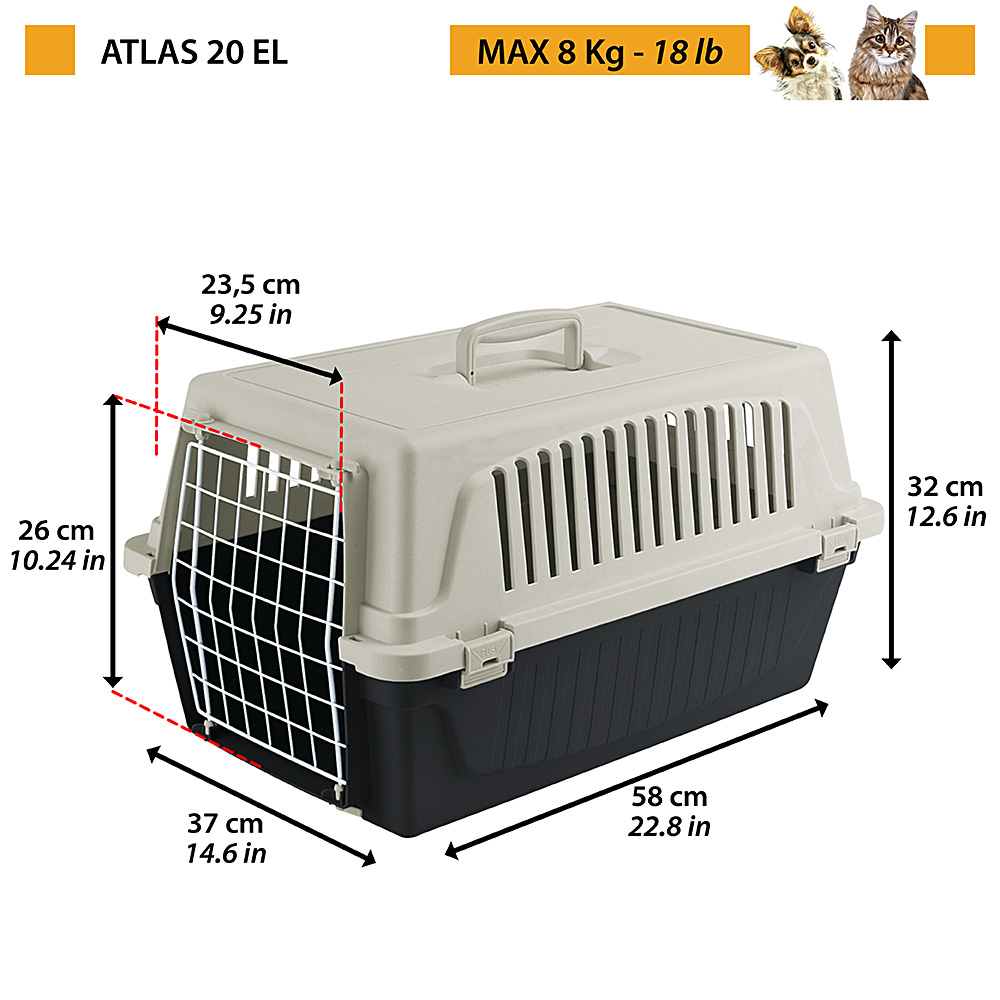 Transport rigide pour chiens de petite taille et chats atlas 20 el, porte an acier plastifié, grilles pour l'aération