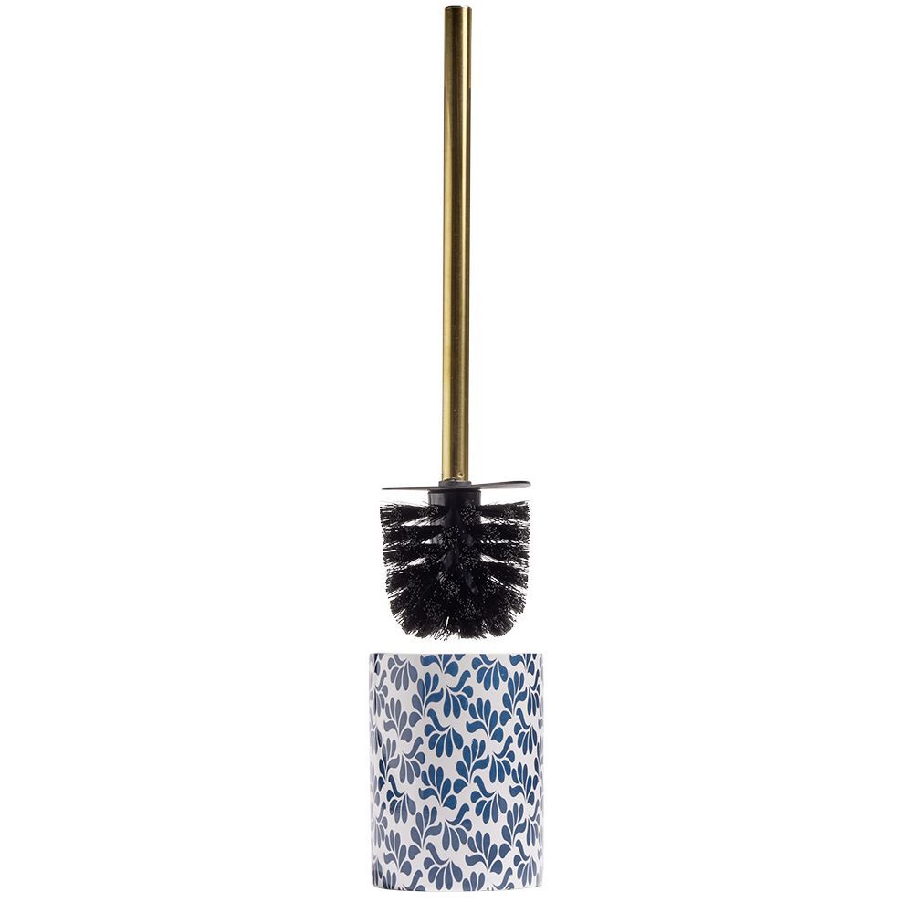 Brosse WC manche doré socle grès motif floral bleu et blanc Ø9,2xH36cm