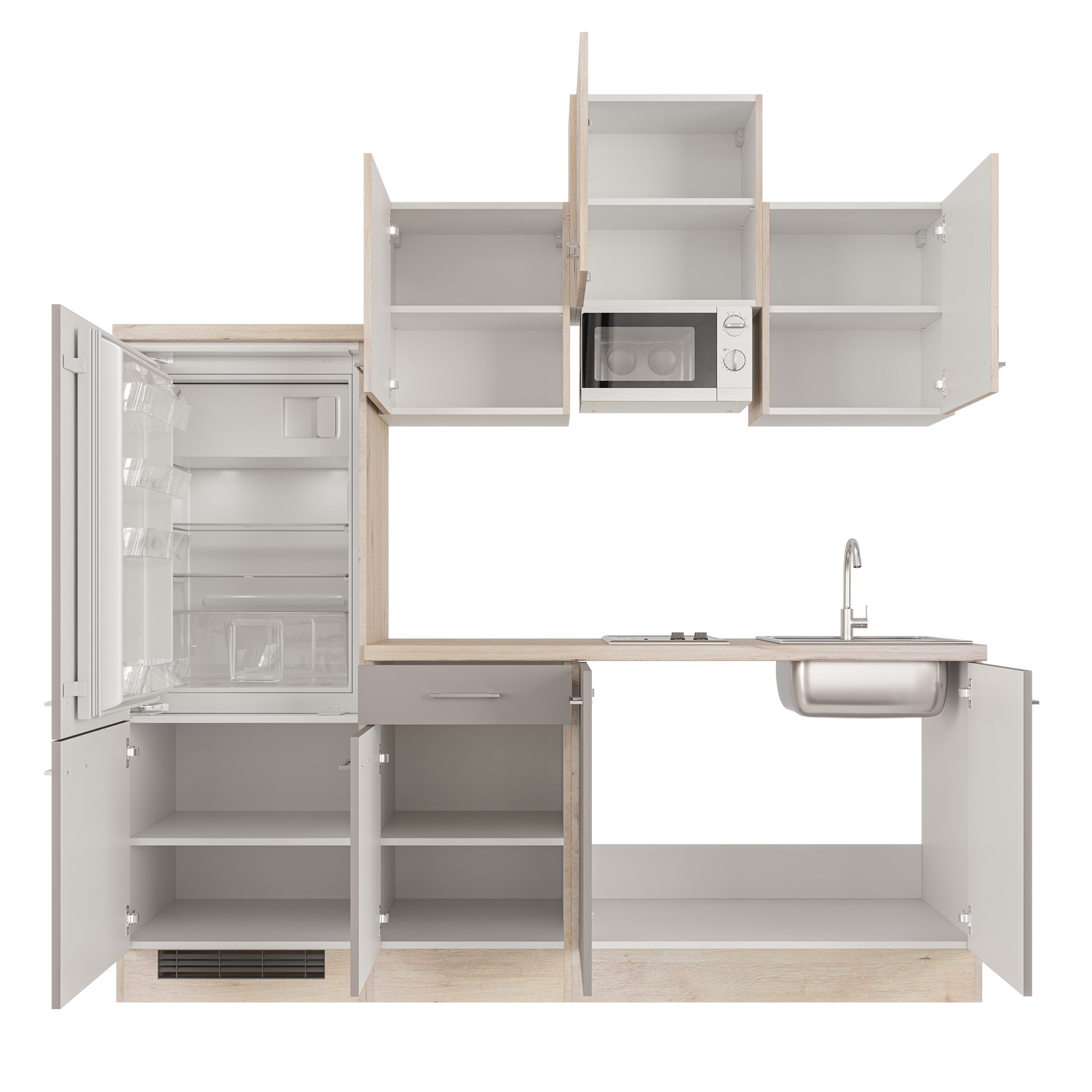 Küchenblock RIVA - Quarz Cubanit - San Remo Eiche hell - mit E-Geräten - 210 cm