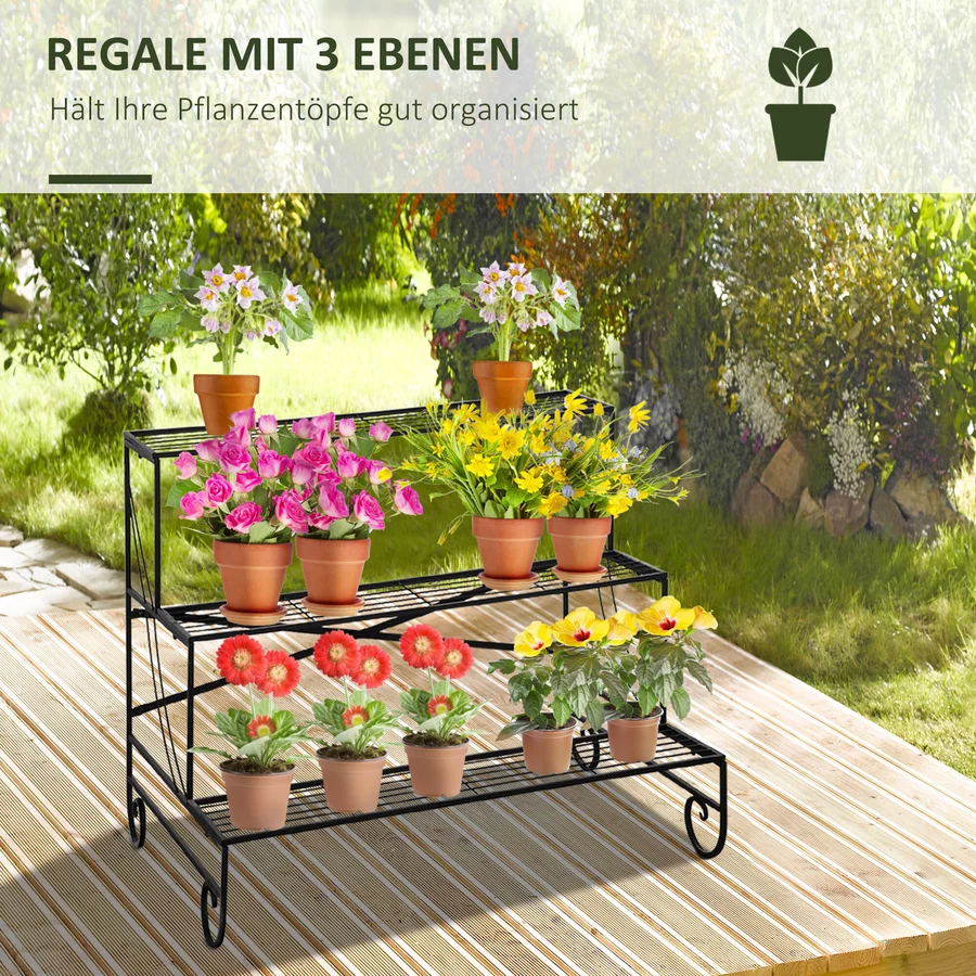 Outsunny Blumenregal mit 3 Stufen und Ornamenten schwarz