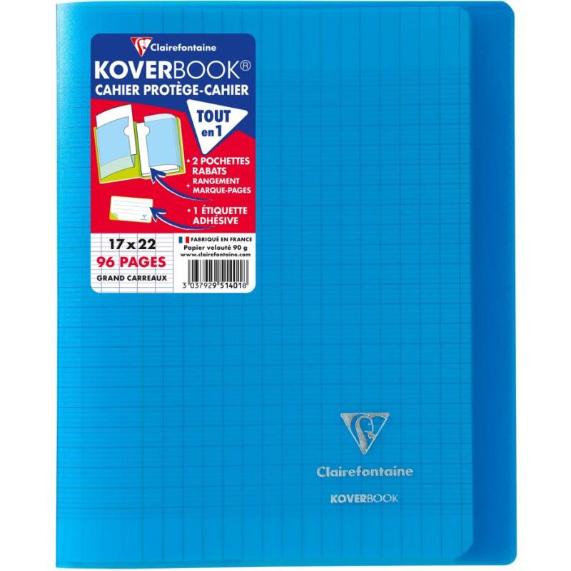 Cahier piqué Koverbook 17x22cm 96 pages grands carreaux couverture polypropylène transparent - Assortis