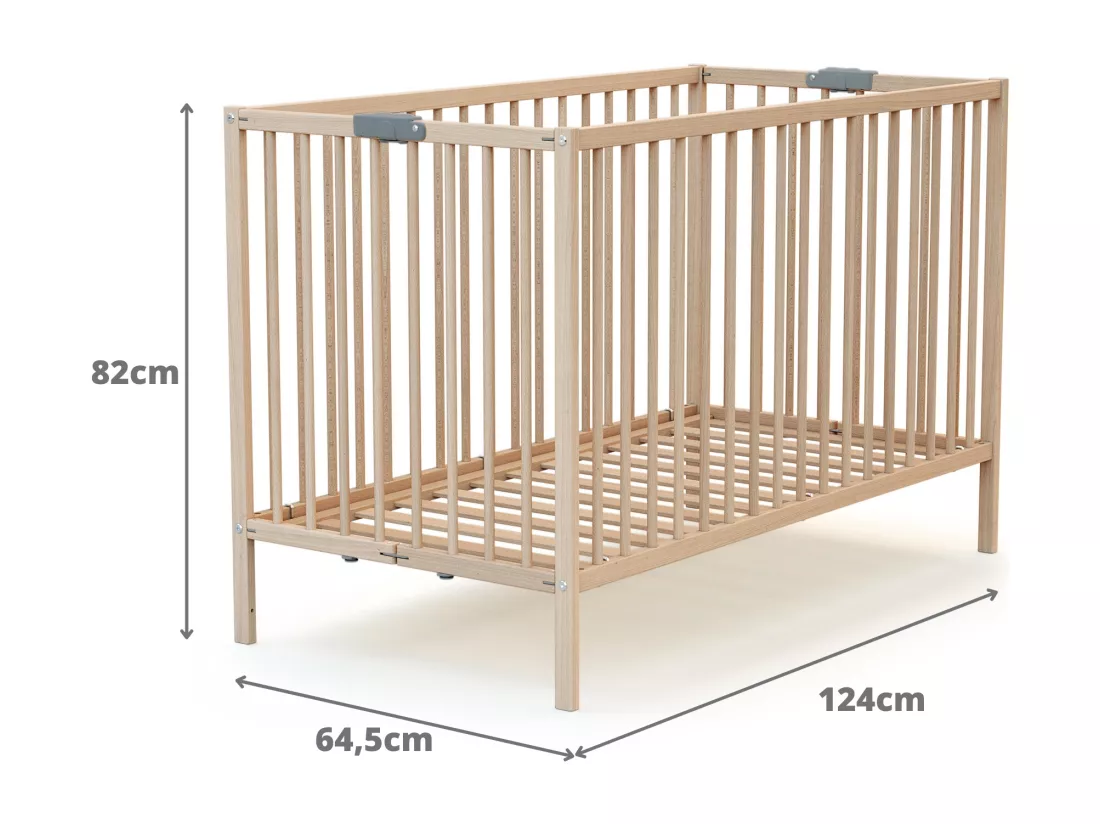 Lit bébé pliant 60 x 120 en bois Hêtre Brut avec matelas