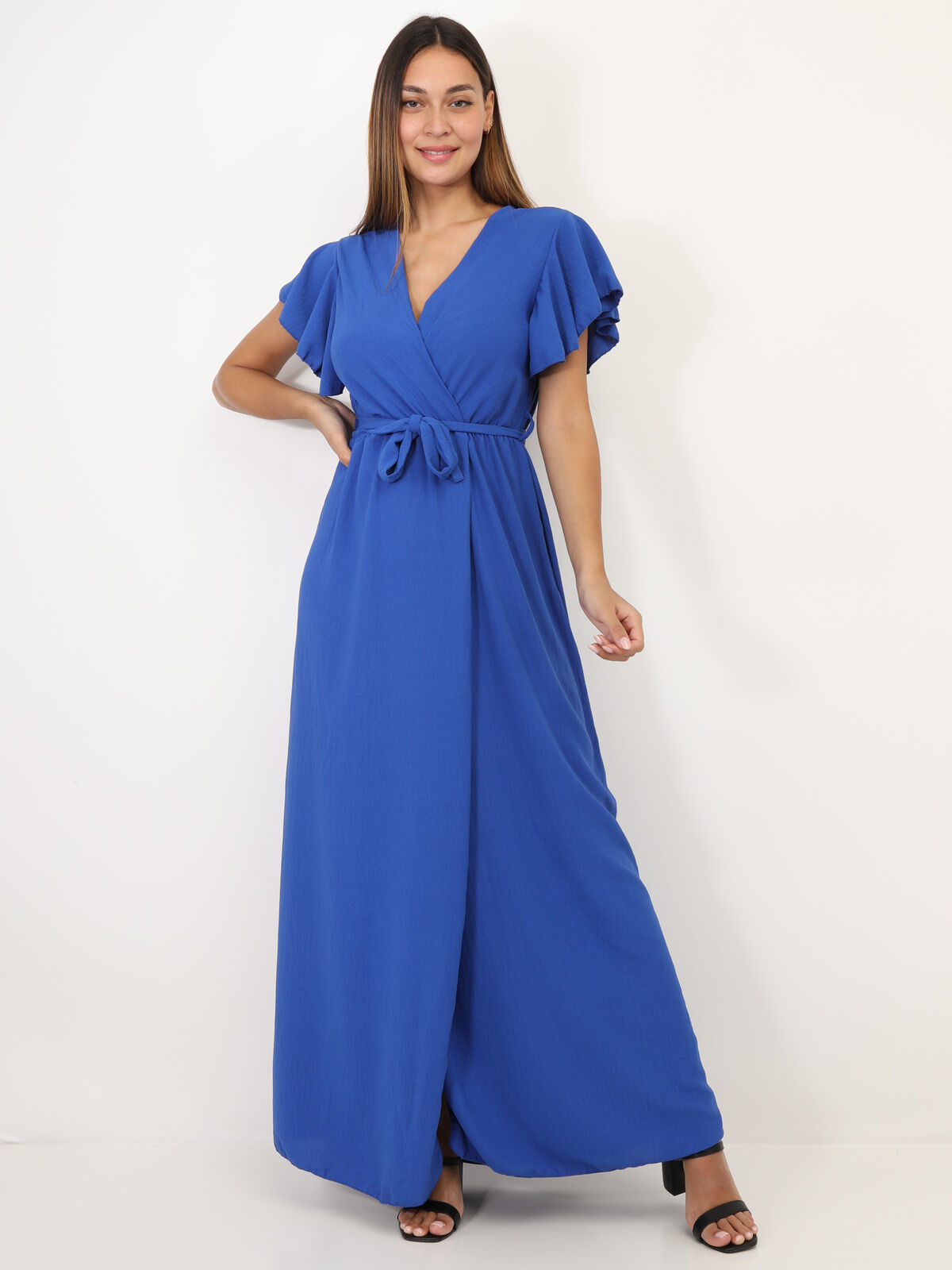 Robe longue fendue à col cache coeur- Bleu