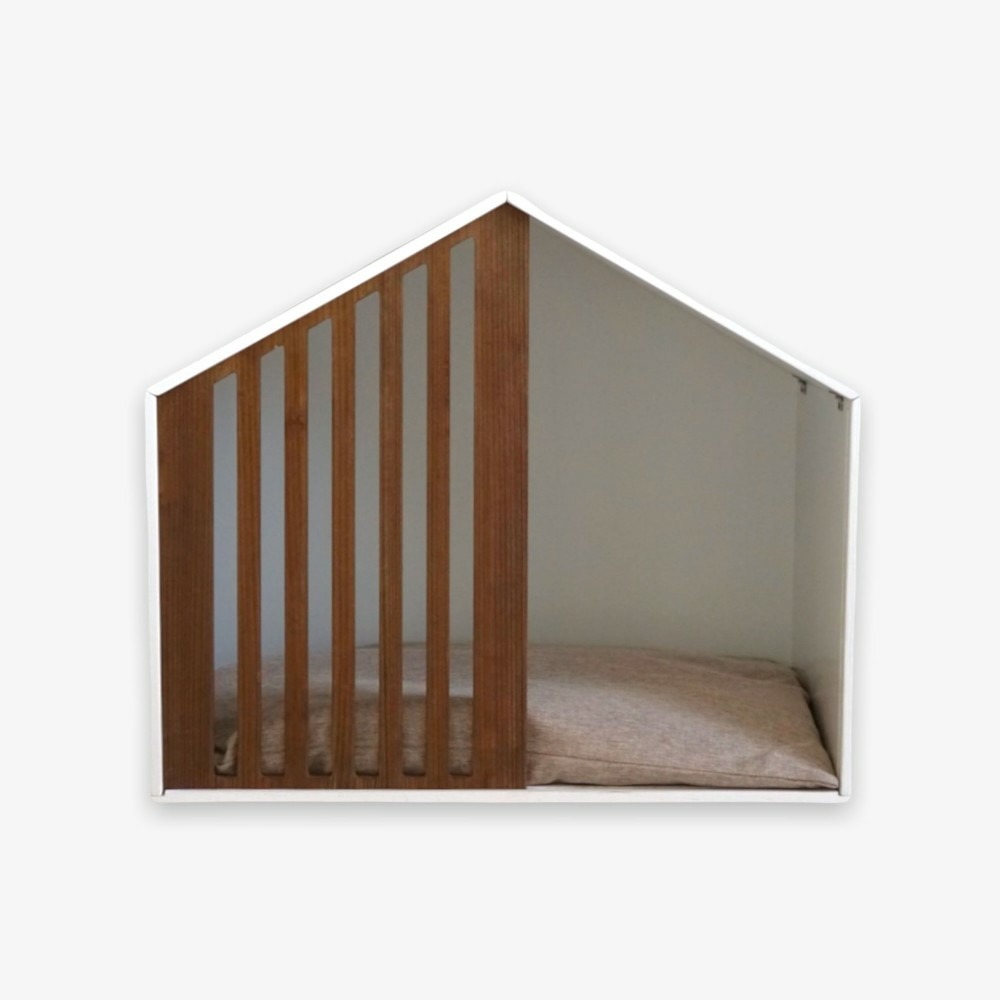 Castle - niche design petit chien / chat en bois blanc et coussin, 60x40x52,5cm