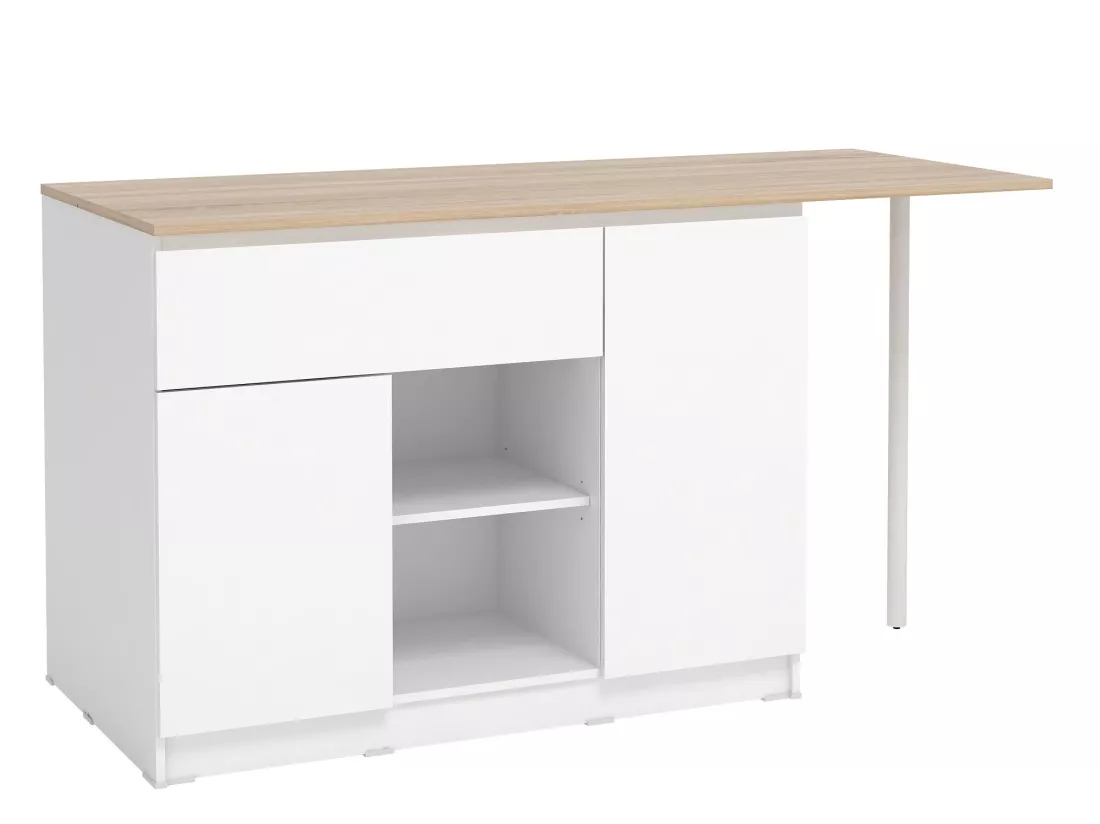 Ilot central de cuisine avec 2 portes, 1 tiroir et 2 niches - Blanc et naturel - TUNORI