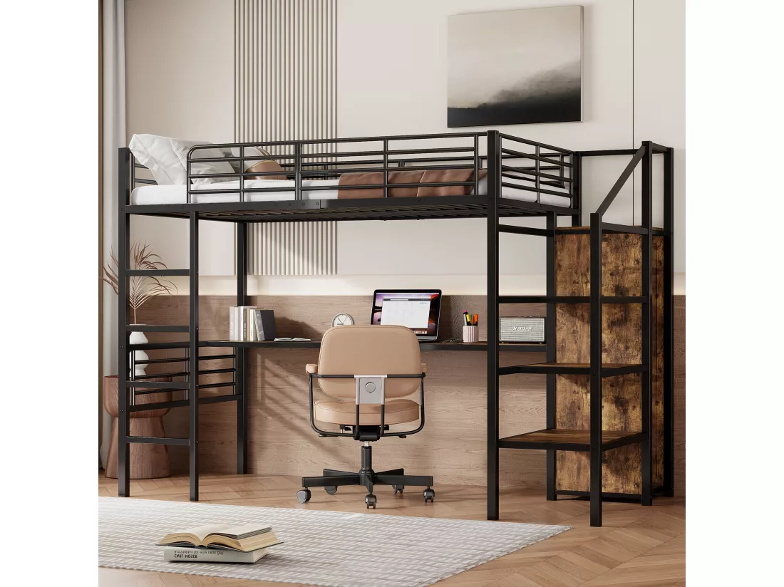 Lit mezzanine 90 x 200 cm avec bureau, armoire et marches de rangement - Métal + MDF - Noir (sans matelas)