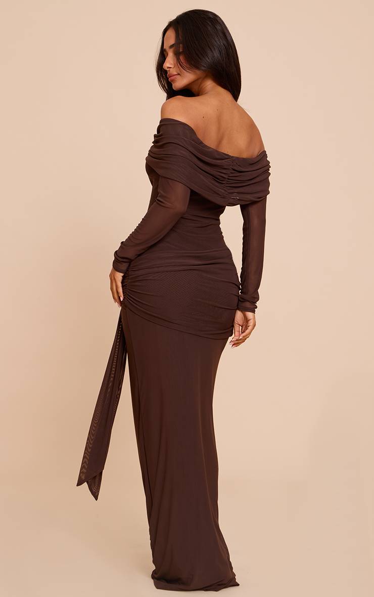 Chocolat Robe Longue Maxi Bardot Asymétrique À Manches Longues Petite