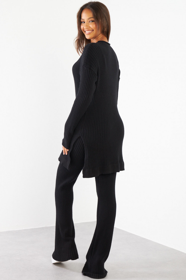 Ensemble 2 pièces pull + pantalon noir en laine côtelé