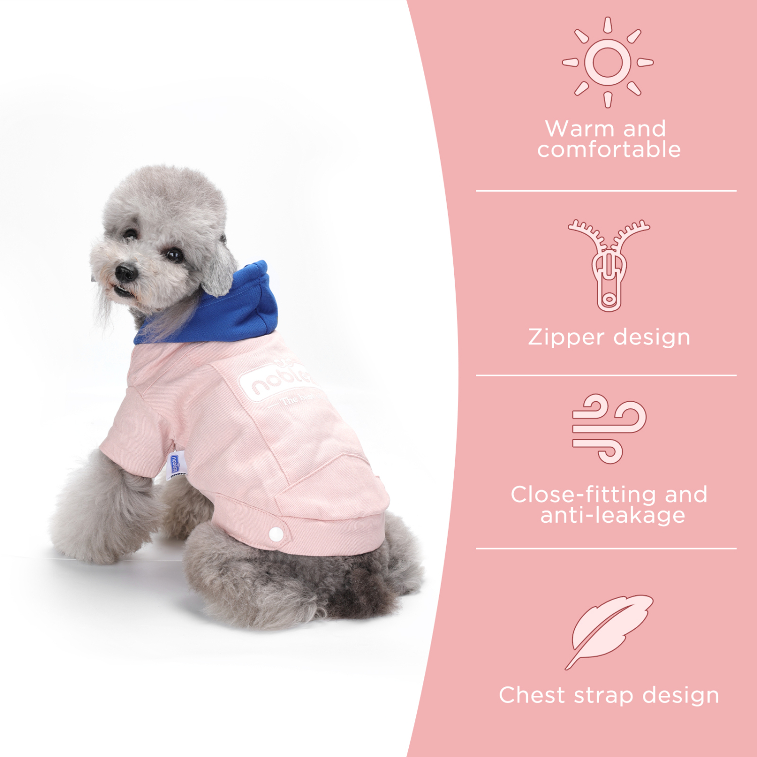 Casaco com capuz Nobleza para cães pequenos, roupa de inverno para cães e gatos, rosa.