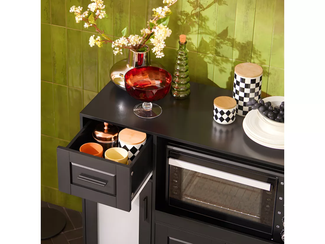 SoBuy FSB78-SCH Meuble Micro-Ondes Buffet Commode sur roulettes Armoire avec 3 Portes, 1 Tiroir, 1 Compartiment, pour Cuisine, Salle à Manger, Salon