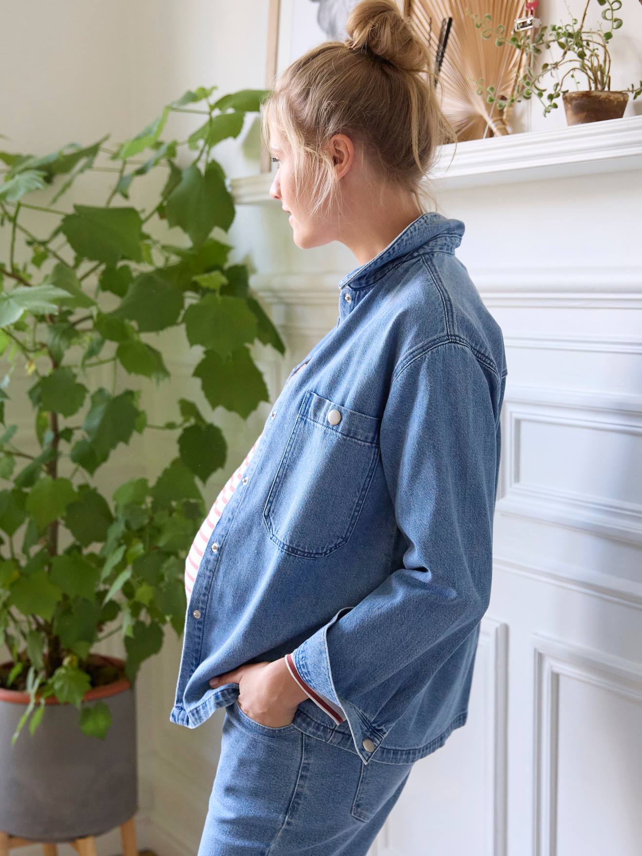 Camisa jeans para gestantes e lactantes, jeans natural