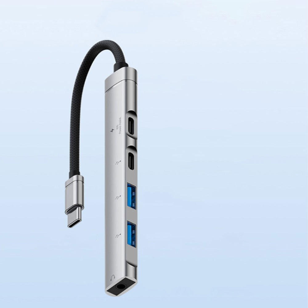 USB C 5 in 1 Multiport Adapter HUB mit 2x USB C (1x PD) / 2x USB 2.0 / 1x 3.5 mm Klinke - Grau