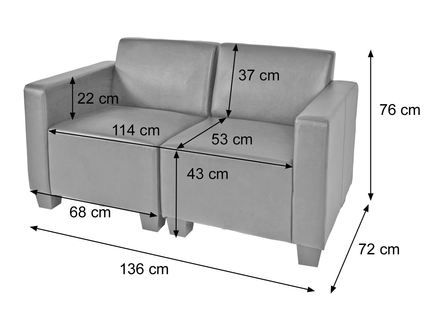 Modular 2-Sitzer Sofa Couch Moncalieri, Kunstleder ~ dunkelgrau