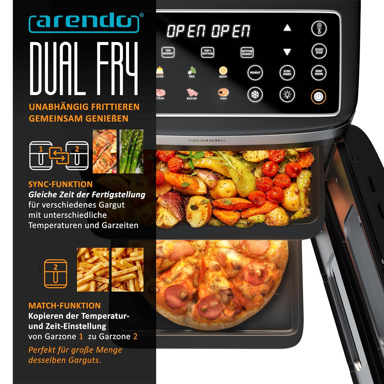 Arendo - Heißluftfritteuse 2 Kammern - XXL Dual Zone – 17 Liter – 2800 W – 2 Zonen – Touch Bedienfeld – mit Sichtfenster – Synch- und Match-Funktion – Doppelstöckig – 3D Umluftsystem
