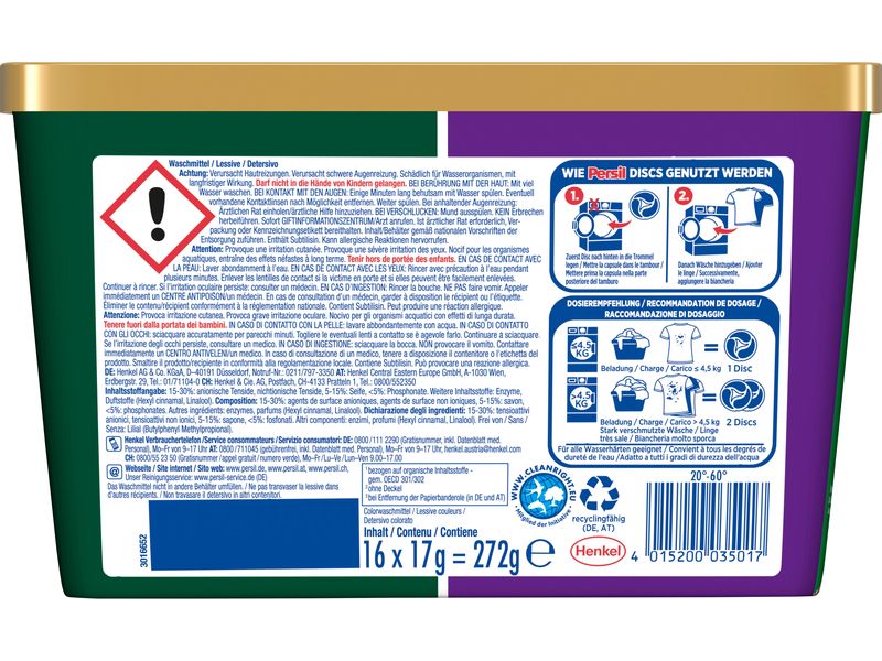 Persil Waschmittel Kapseln Color Discs 16 WG, 272g Colorwaschmittel für saubere Wäsche