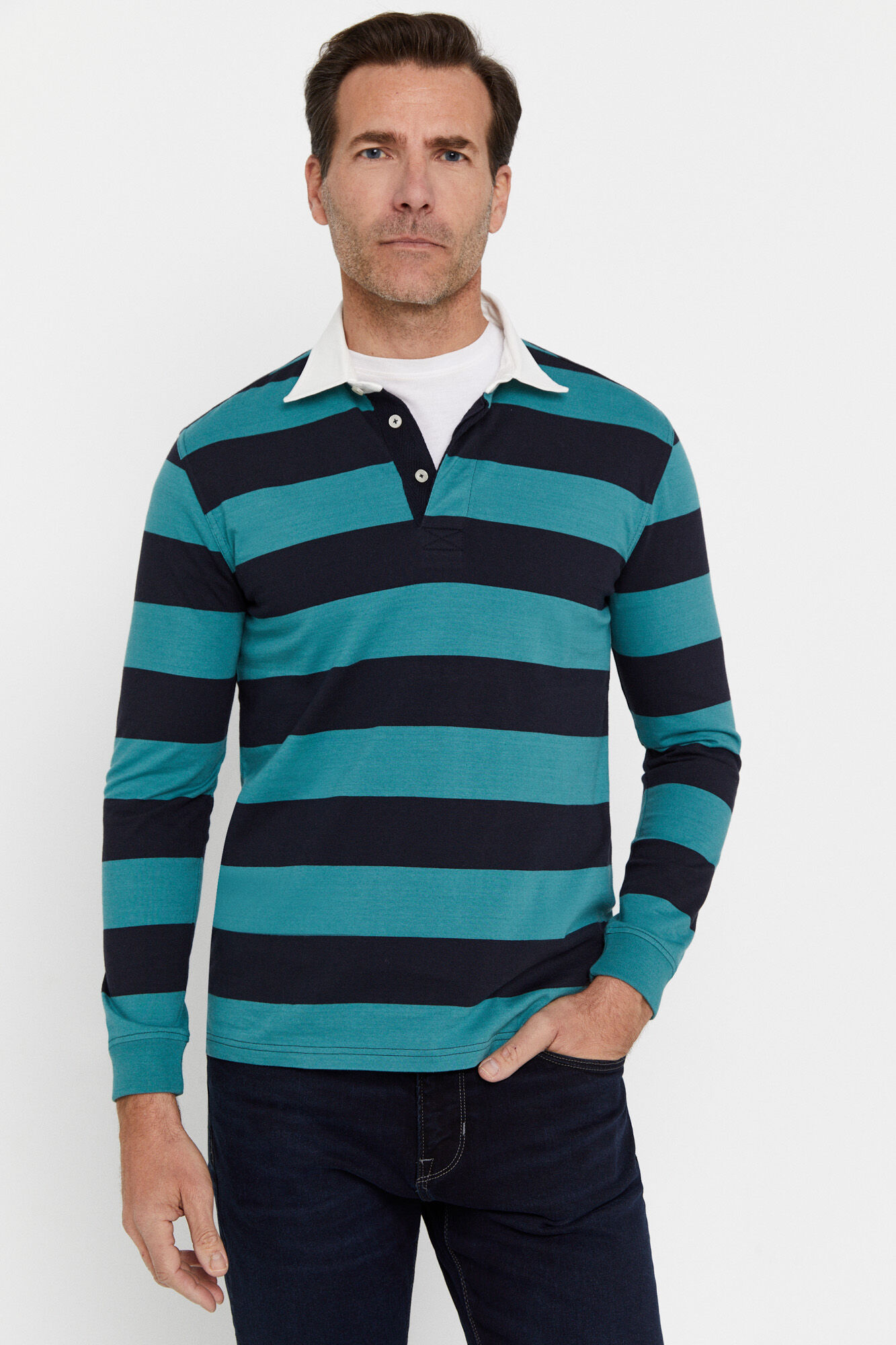 Camisa polo de rugby listrada - Turquesa