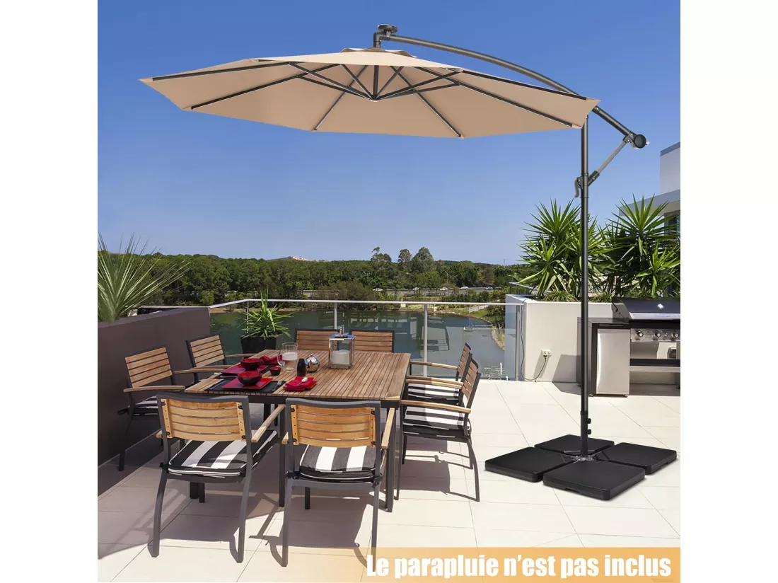 Dalle Parasol Déporté Lot de 4, Lestage Poids Parasol Carré en HDPE à Remplir 13 L d'eau ou 19,5 Kg de Sable, Base pour Parasol avec Poignée, Rond, Protection UV, 100 x 100 x 7 cm