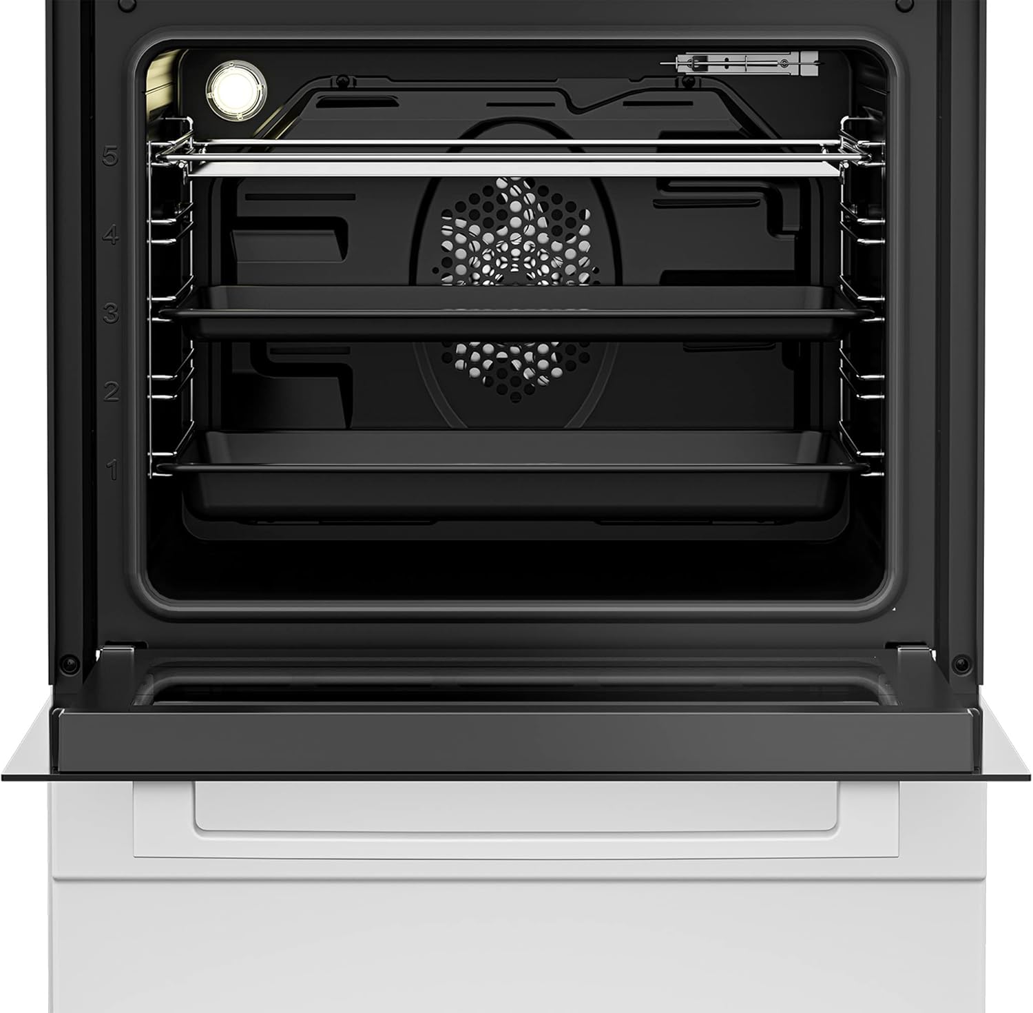 Beko FSM67320GWS Freistehender Elektroherd, 72l Nutzvolumen, 8 Heizarten, 5 Einschubebenen, Glaskeramik Kochfeld, 4 Kochzonen, Elektronikuhr, Energieeffizienzklasse A, leichte Reinigung, Weiß