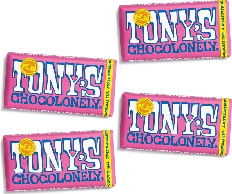 Tony's Chocolonely - Chocoladereep - Wit Framboos Knettersuiker - 4 x 180 Gram