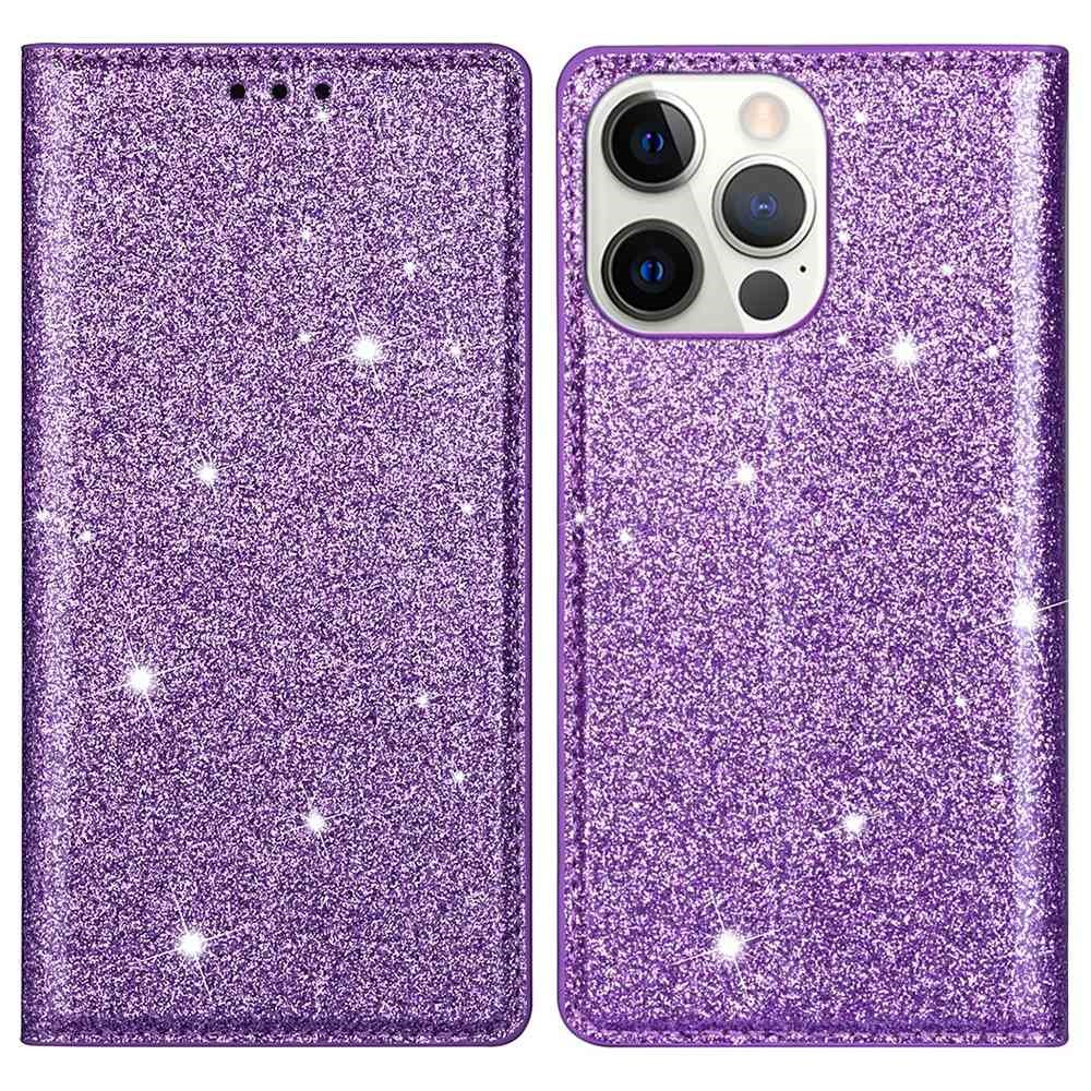 iPhone 14 Pro Max Flip Wallet Cover Leder Tasche Glitzer Optik - Lila