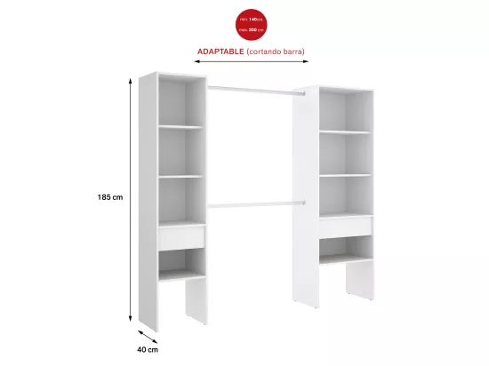 Armoire dressing en bois mélaminé avec 2 colonnes et 2 tiroirs coloris blanc - Longueur 160 x Profondeur 50 x Hauteur 185 cm