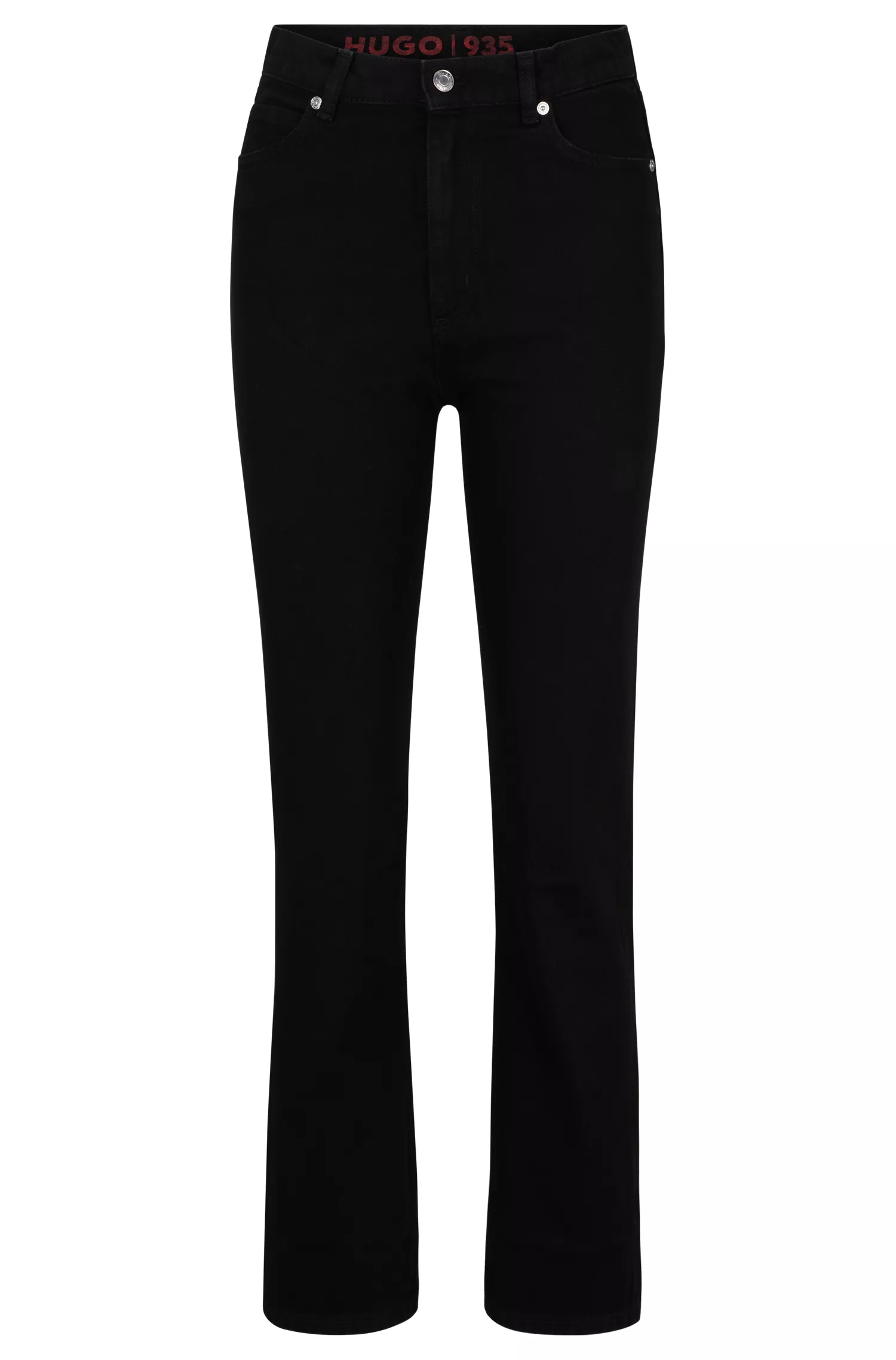Calça jeans HUGO vermelha, corte regular, em denim azul supermacio.