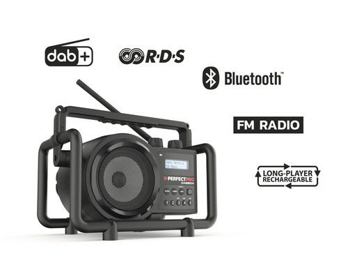 PerfectPro DABBOX bouwplaatsradio, DAB+ en FM-ontvangst, ingebouwde acculader voor universele accu, Bluetooth, oplaadbaar, AUX-ingang, schokbestendig, IP54, DBX3