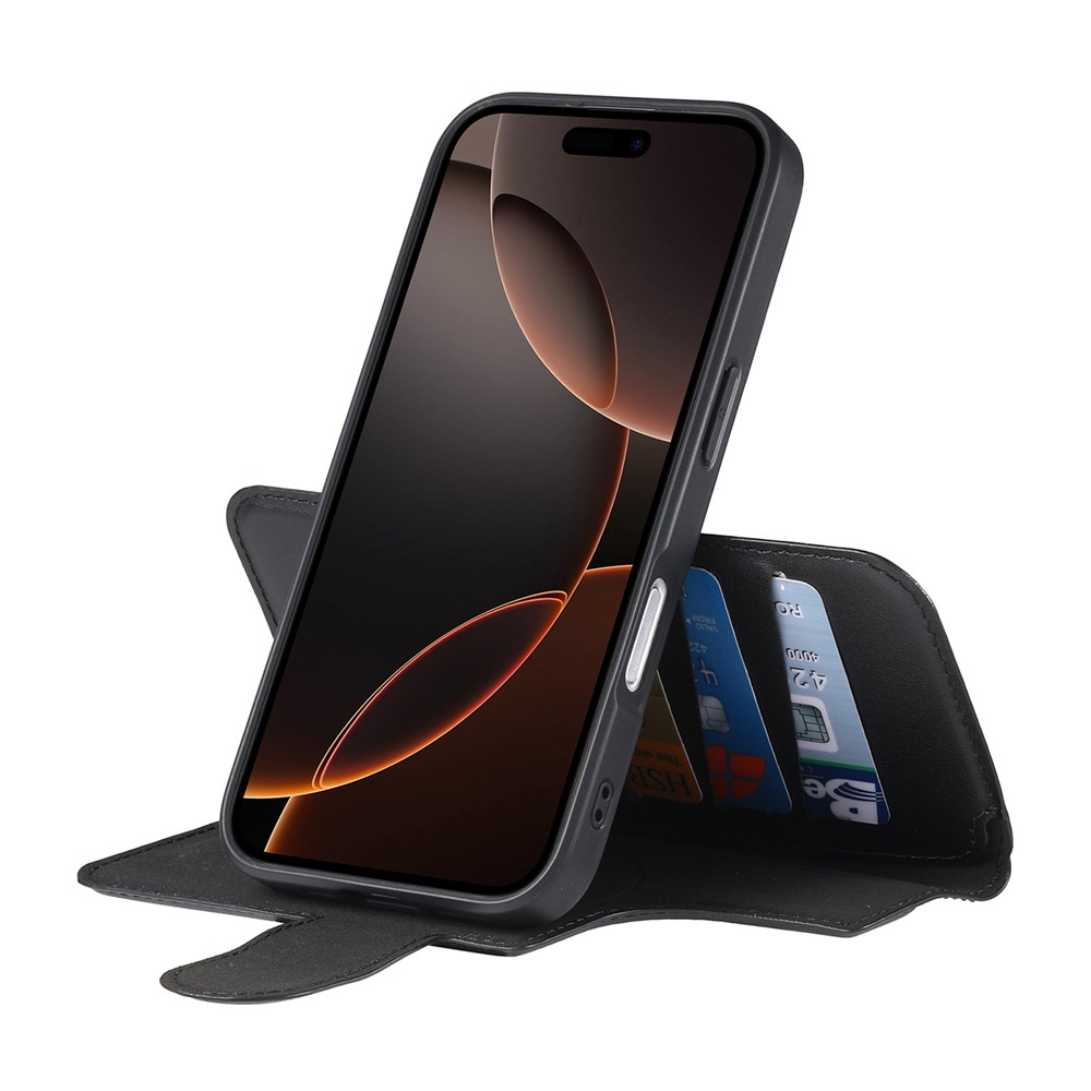 iPhone 16 Pro Max MagSafe Leder Case Schutzhülle mit Finger Griff Halterung   Abnehmbare Tasche inkl. Kartenfächer (RFID Schutz) - Schwarz