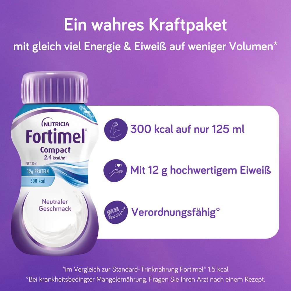 Fortimel® Compact 2.4 kcal Neutral – Hochkalorische Trinknahrung mit allen wichtigen Nährstoffen, Vitaminen, Mineralien und Spurenelementen – 300 kcal und 12 g Eiweiß pro Flasche