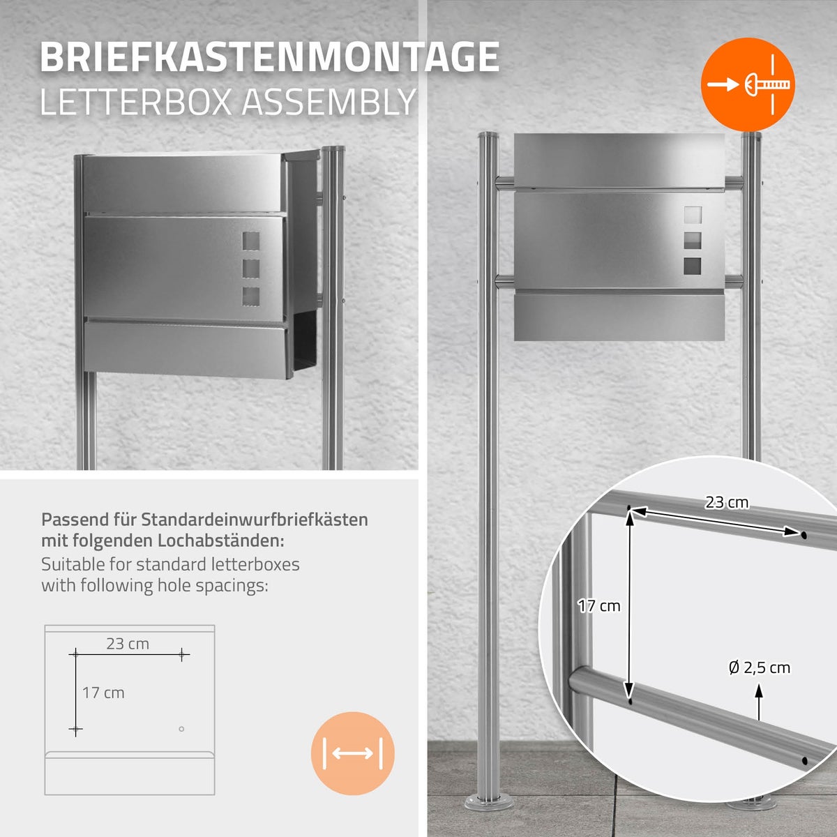 ML-Design brievenbusstandaard van roestvrij staal, zilver metallic, totale hoogte 120 cm, rond, vrijstaand, schroefbare brievenbuspaal, brievenbusstandaard/montagebeugel voor wandbrievenbussen