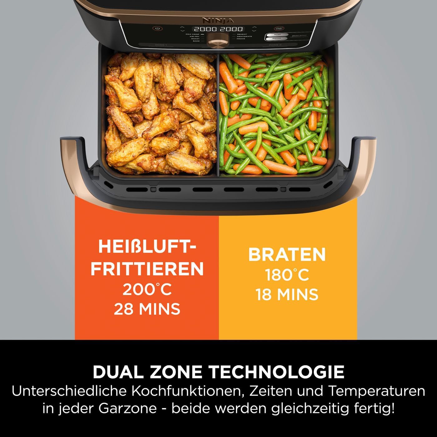 Ninja Foodi FlexDrawer Dual Zone Heißluftfritteuse, Air fryer mit 10,4-Fach und herausnehmbarem Trenner, Antihaftbeschichtung, spülmaschinenfester Korb, 7-in-1, Schwarz & Kupfer, AF500EUCP