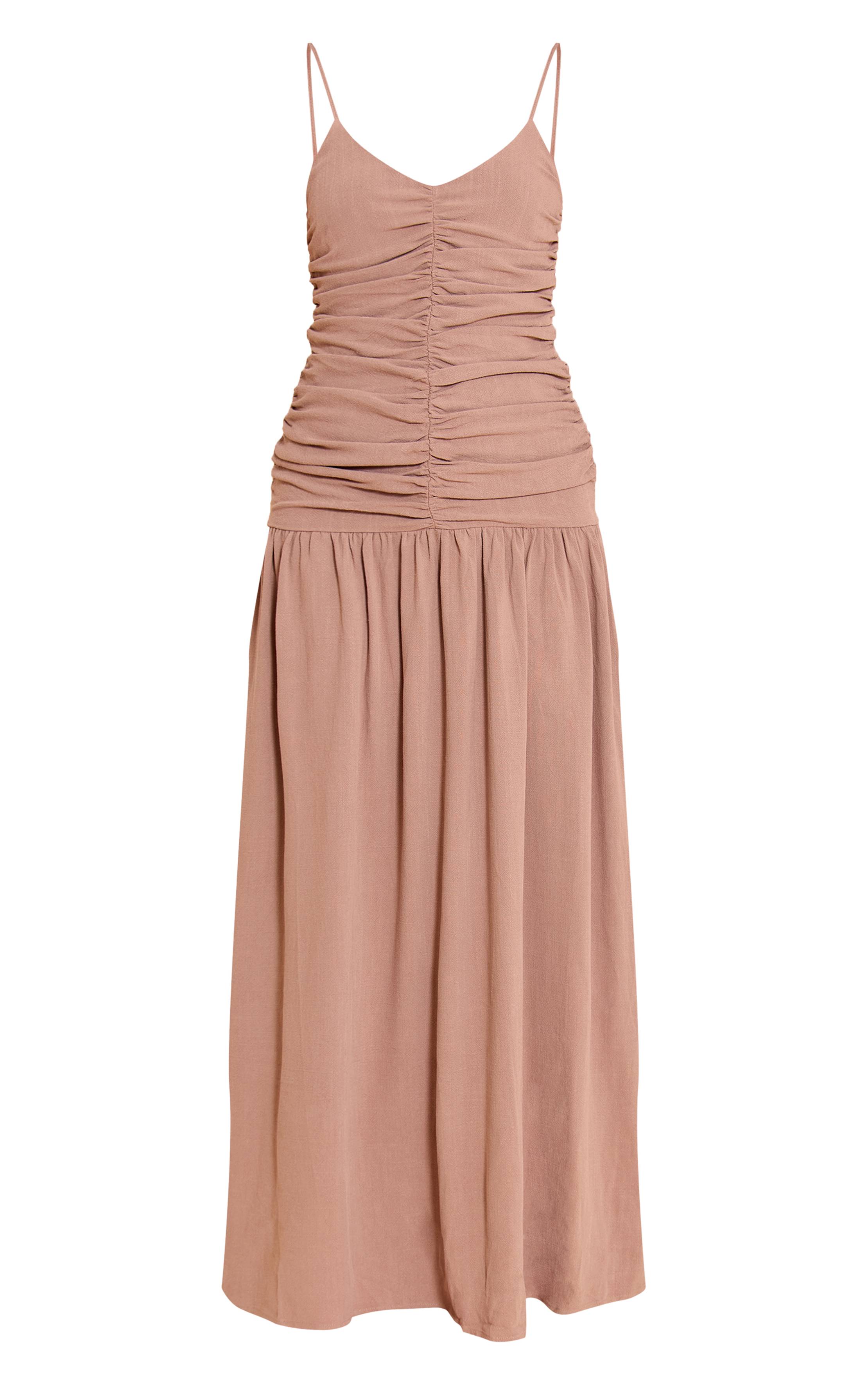 Taupe Robe Longue À Ourlet Tombant Avec Détails Froncés En Tissu Tissé Aspect Lin Texturé