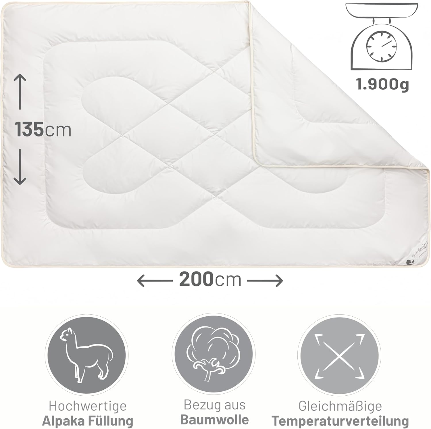 Alpaka Premium Bettdecke 135 x 200 cm (Füllung 1.900g) - Winter extra warm - atmungsaktiv und temperaturausgleichend - Große Aufbewahrungstasche