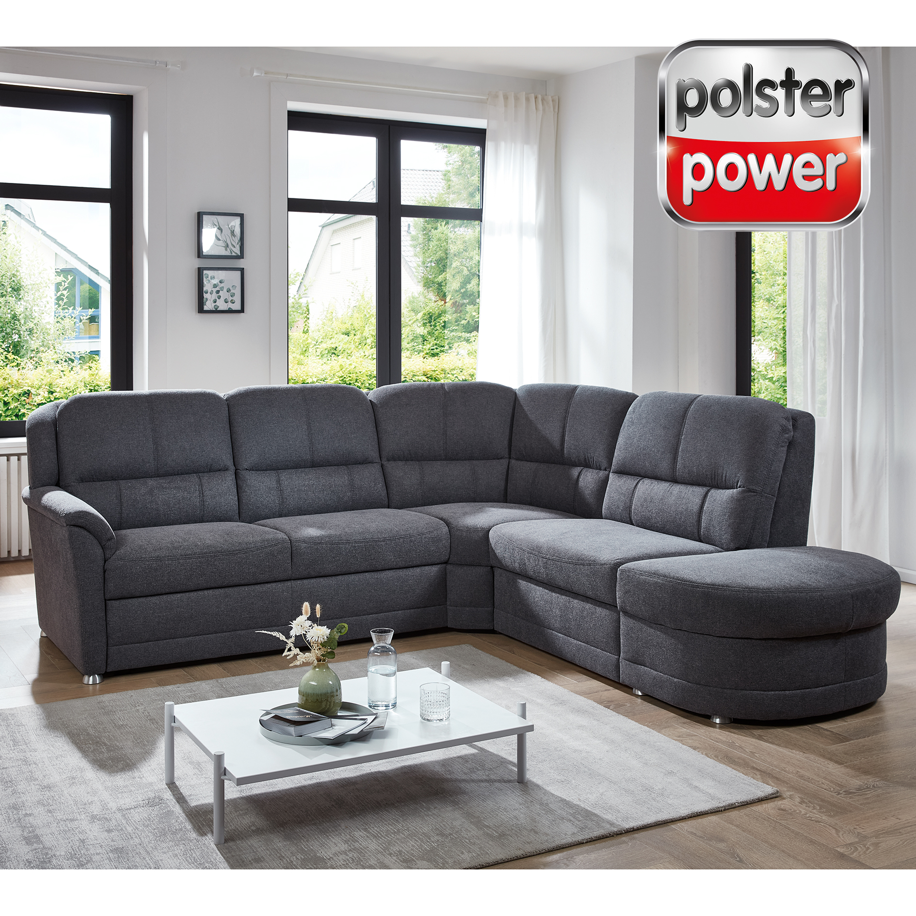 polsterpower Ecksofa - anthrazit - Basismodell - Anstellhocker rechts