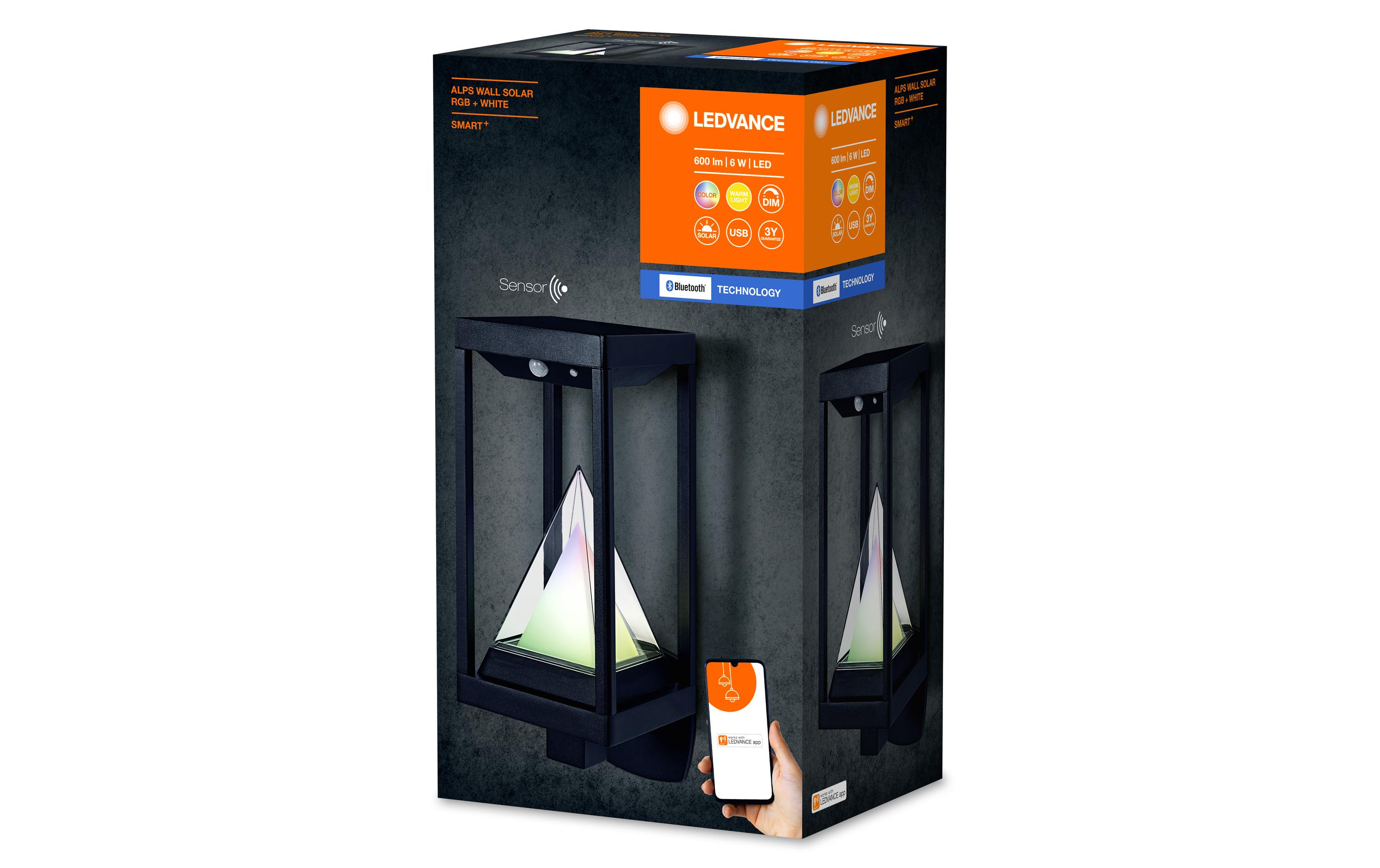 Wandleuchte Smart+ Solar Alps, 6W, 3000K, BT, SchwarzSolarbetriebene LED-Aussenleuchten