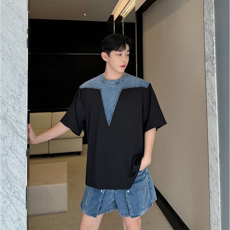 Freehop - Set: T-shirt met elleboogmouwen en denim paneel + denim shorts met zakdetail
