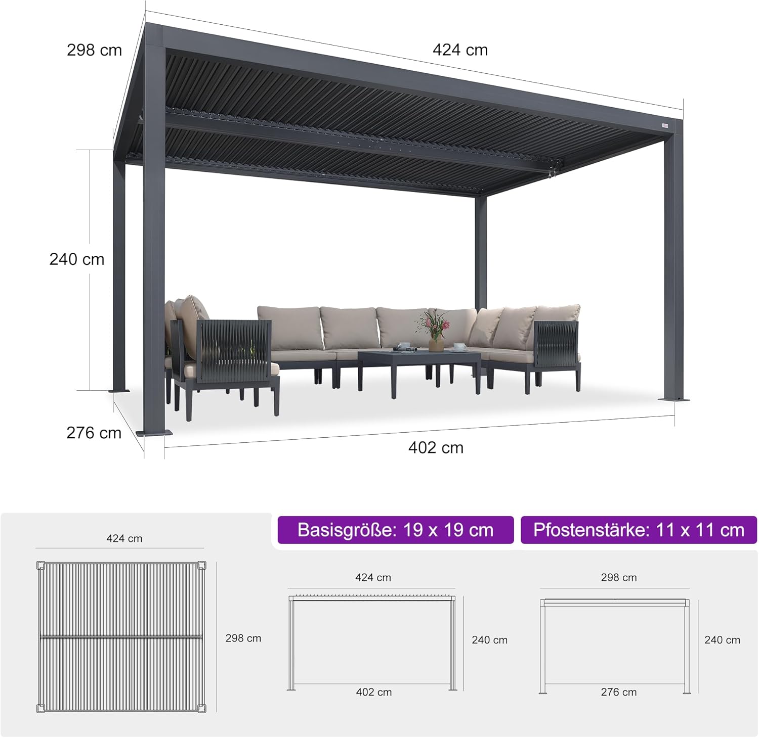 PURPLE LEAF Pavillon 3 x 4.25 m Lamellenpergola mit LED Lichtleiste Wasserdicht Stabil Winterfest Alu Pergola mit Verstellbaren Aluminium-Lamellen für Garten, Grau