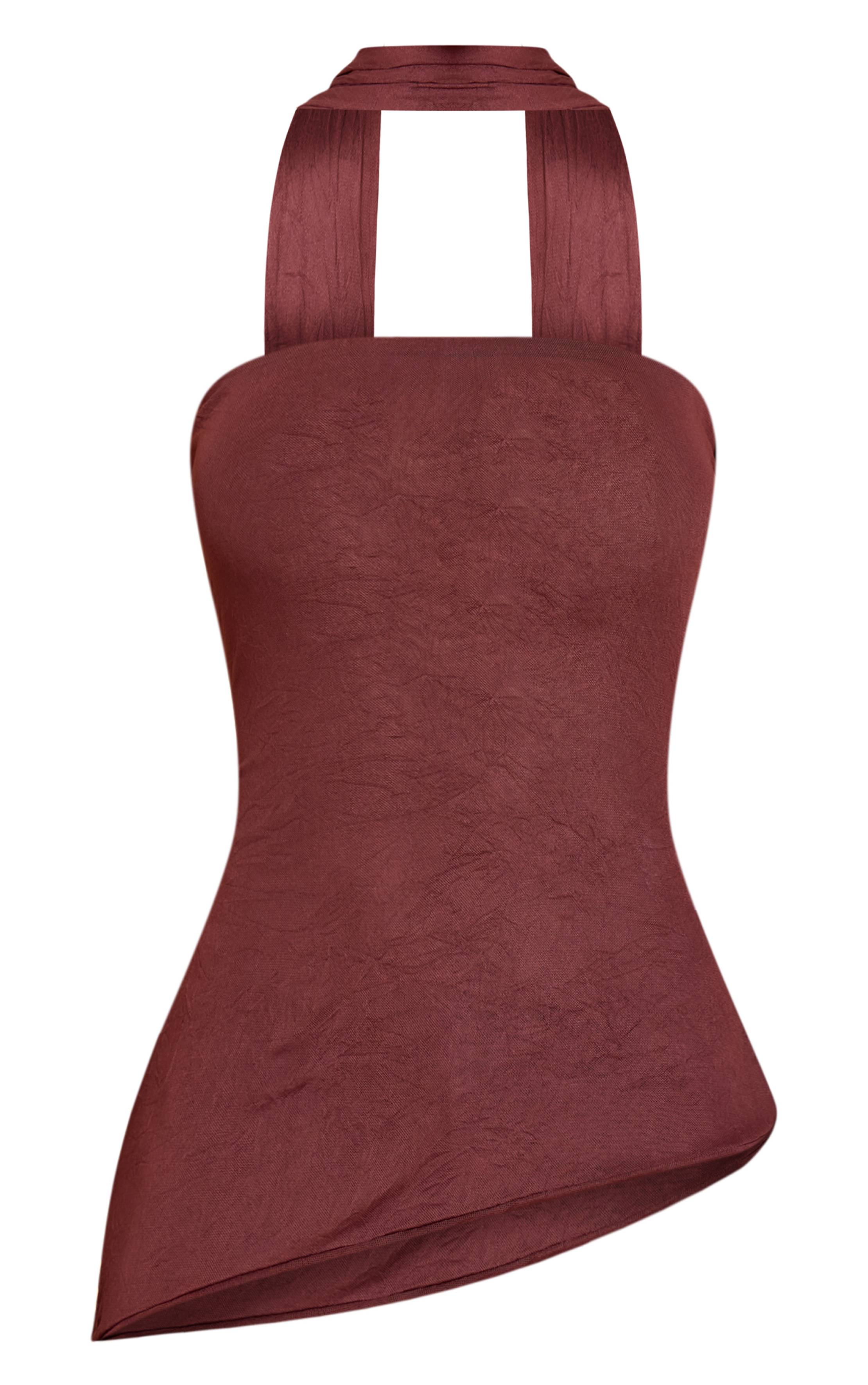 Chocolat Haut Long Asymétrique À Détail Foulard En Mesh Froissé