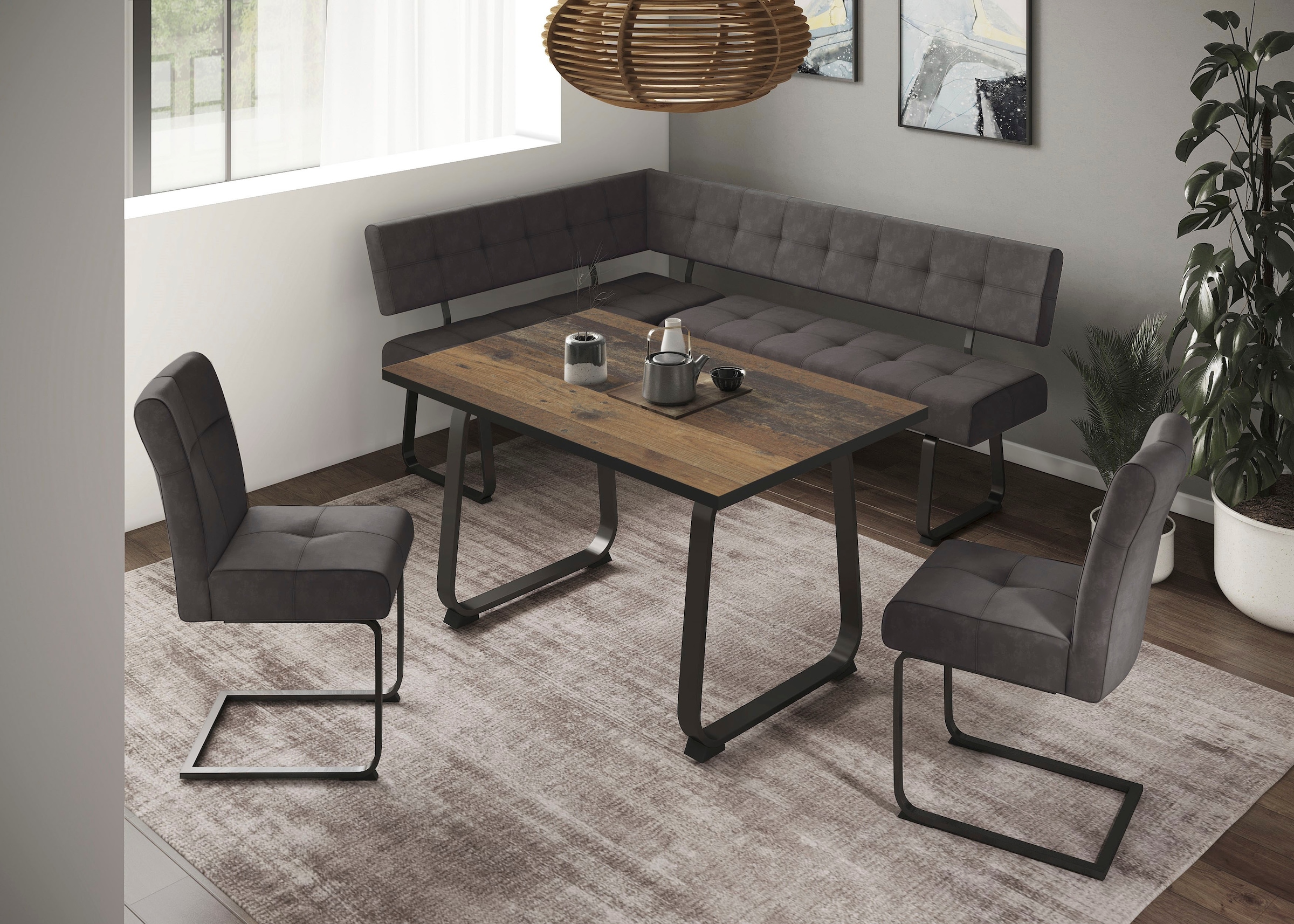 HELA Essgruppe »RUHR« 4 Stk. tlg. Kufentisch 140x90 cm, Schwingstuhl und Bank mit Federkorb, Komfortsitz