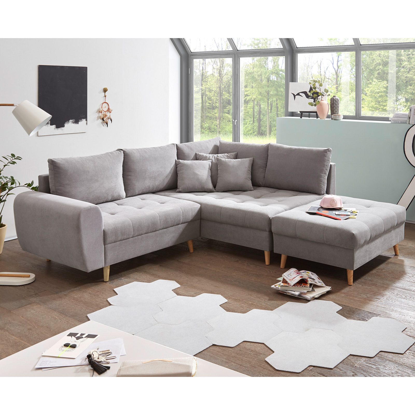 Eckgarnitur - light grey - Recamiere rechts - mit Hocker