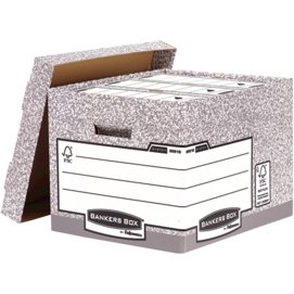 Caisse standard bankers box l40,4 x h29,2 x p33,5 cm montage automatique carton recyclé gris blanc