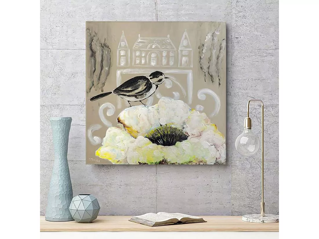 Tableau fleur blanche et oiseau noir - 20 x 20 cm