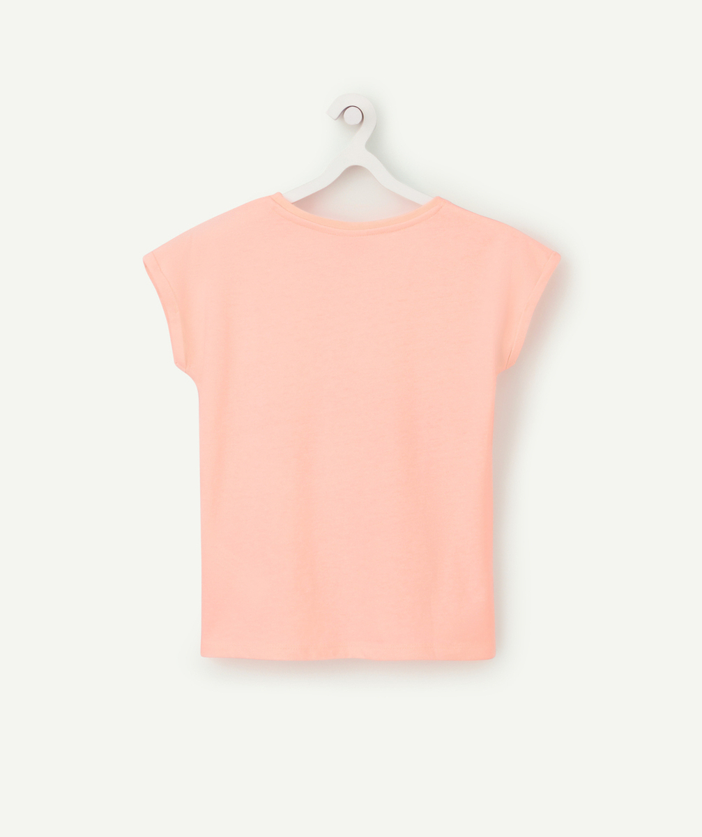 T-SHIRT FILLE EN COTON BIO ROSE NÉON AVEC MESSAGE ET FLEURS