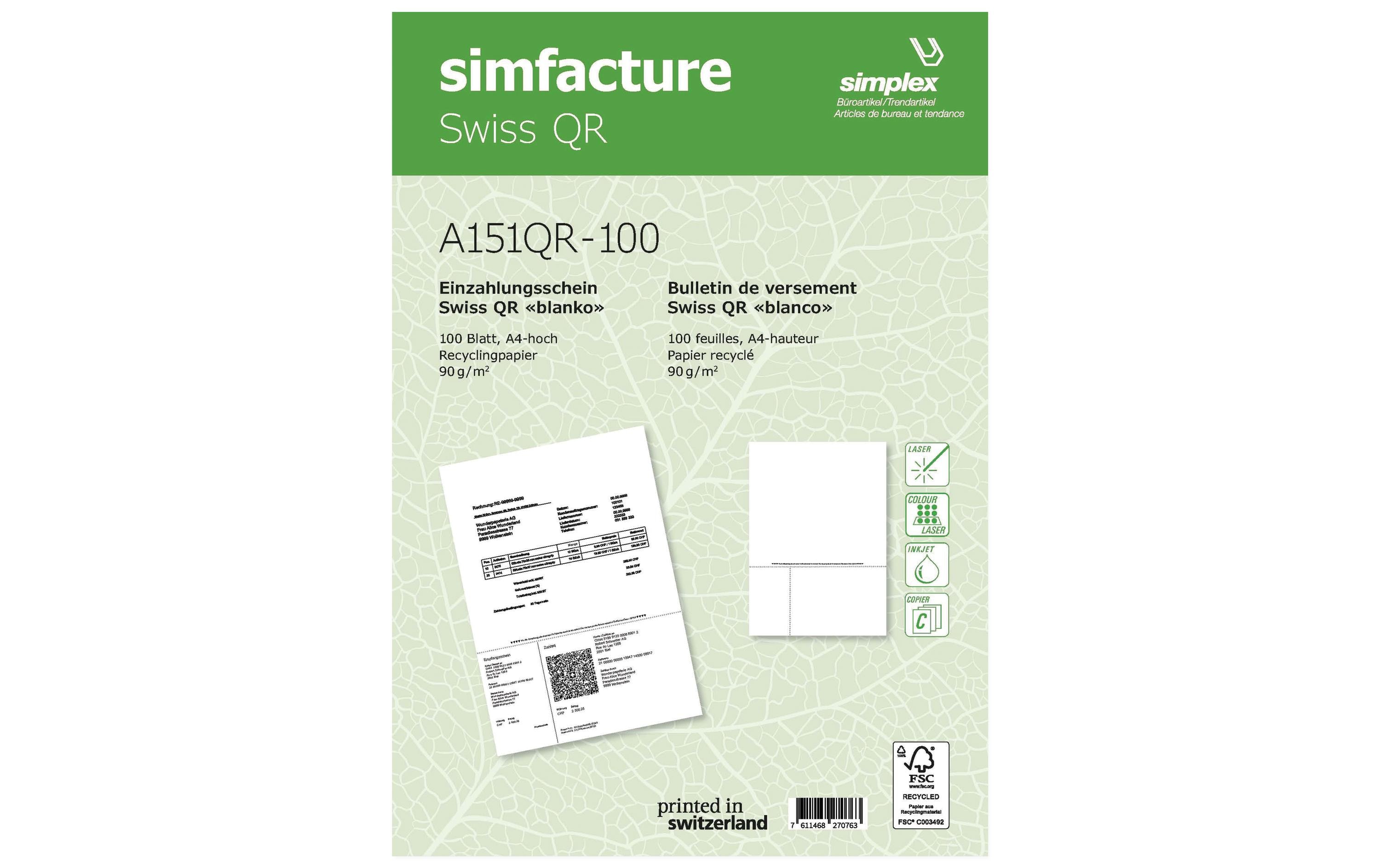 Einzahlungsschein Simfacture Swiss QR Recycling 100 BlattSWISS QR – Einzahlungsscheine