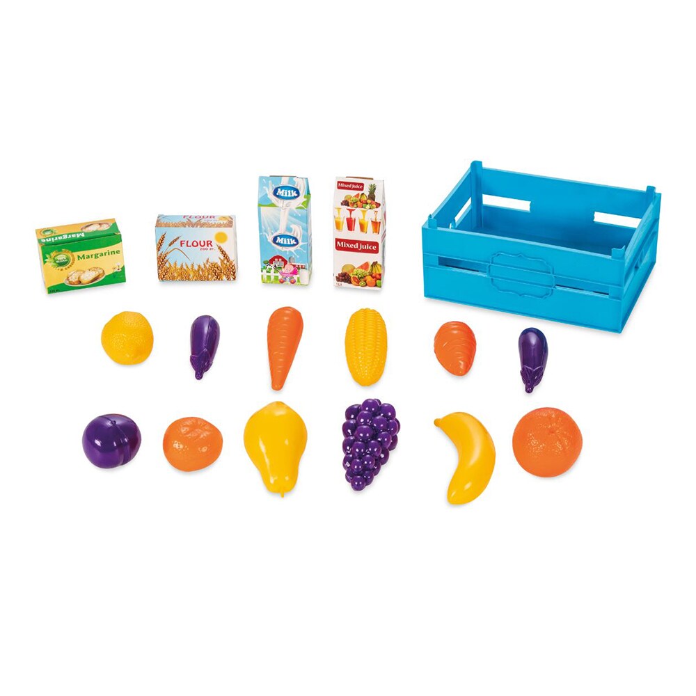 Pilsan Spielzeuglebensmittel-Box 06037 Obst Gemüse 16-teilig Milch Mehl Saft bunt