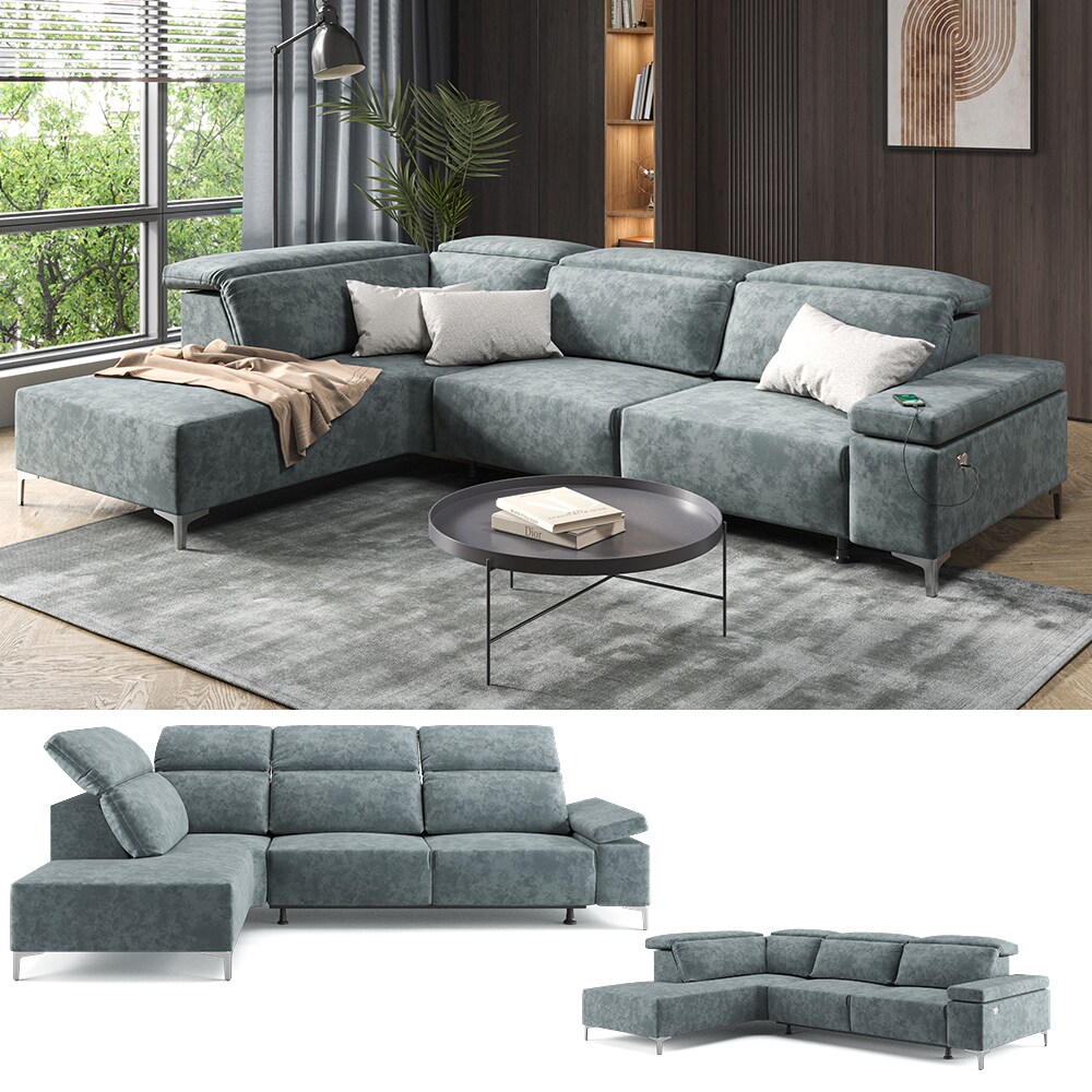VitaliSpa Ecksofa Loungesofa Boxspringsofa James Grau Relaxfunktion 218x86 cm modern Wohnzimmer Sofa Wohnzimmercouch Loungeecke Polstereckcouch Taschenfederkern USB-Anschluss Fußteil ausfahrbar