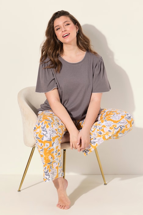 Pyjama, Blüten, U-Boot-Ausschnitt, Halbarm, Taschen