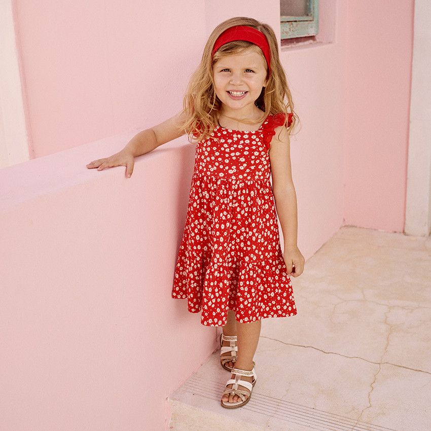 Robe manches courtes imprimée en maille cloquée pour bébé fille - Rouge