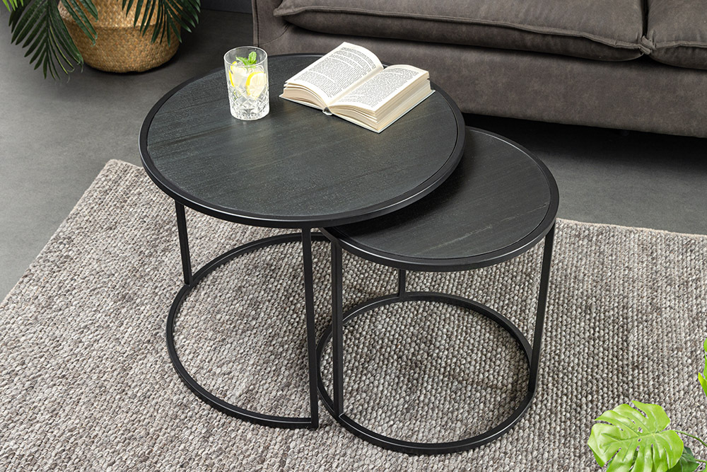 Rundes 2er Set Couchtische MOUNTAIN SOUL 60cm schwarz Naturstein Design Metall